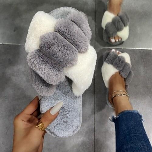 Slippers Women Winter Shoes Fur Home Slippers Women Indoor Plush Fluffy Warm Female Flat Shoes Ladies Soft Slippers Black White