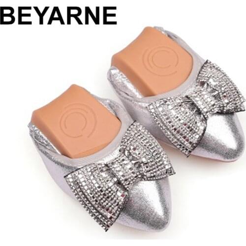 BEYARNE Women Dancing flats pointed toe with crystal bow-knot patchwork microfiber shoes breathable black gold silver plus size