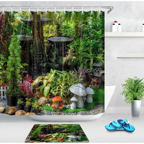 Spring Garden Small Fountain Green Plant Shower Curtain Waterproof Polyester Fabric Bathroom Door Mat Bath Curtain with Hooks