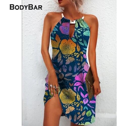 Elegant Flower Print A-line Dress Metal Halter Round Neck Sleeveless Dress Ladies Large Size Mori Style Dresses Summer Vestidos
