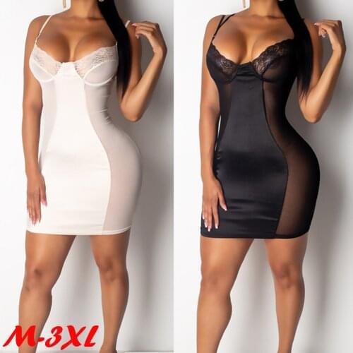 Women Sleeveless Bodycon Sexy Dress Club Short Mini Dress Lace V Neck See Through Nightdress Black White Femme Les robe