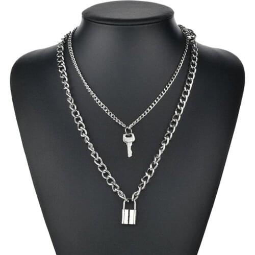 Fashion Punk Multilayer Lock Chain Necklace Padlock Key Necklace Pendant Women Gothic Party Jewelry Gift