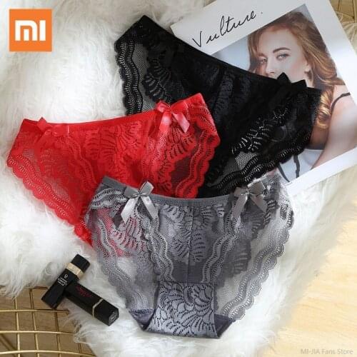 Xiaomi Womens Sexy Lace Underwear Delicate Comfortable Panties Ice Silk Hollow Female Briefs Transparent Floral Bow Lingerie