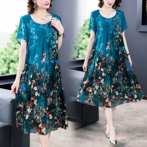 2021 Blue Floral Chiffon Vintage Midi Dresses Elegant Female 4XL Plus Size Print Sundress Summer Party Bodycon Runway Vestidos