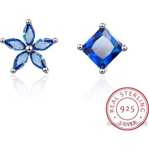 100% 925 Solid Real Sterling Silver Blue Flower CZ Stud Earrings For Girl Women Daughter Girls Fine Silver Jewelry DS1255