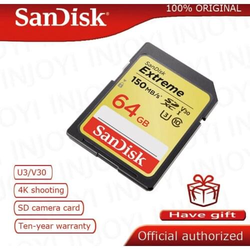 100% Original SanDisk Extreme PLUS SD Card SDHC SDXC U3 Memory Cards Class 10 90MB/s 64GB 32GB 16GB 128GB cate sd for Cameras