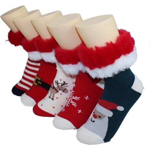 5 pairs Snow socks New cute cotton Christmas socks, plush rabbit fur lace socks