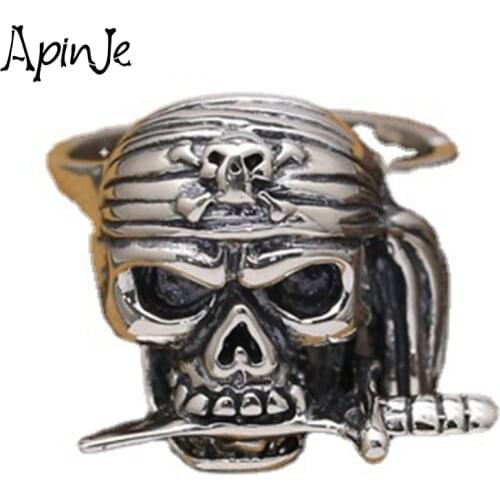 Apinje 925 Sterling Silver Pirate Open Skull Ring Vintage Punk Men Ring Biker Men Jewelry