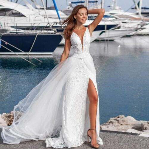 White Lace Mermaid Wedding Dress With Beaded Tulle Removable Tail Alibaba China Deep V-neck Backless Skirt Slit Sexy Bridal Gown
