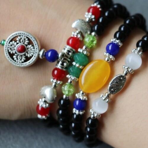 6mm Black Onyx Bracelet Vajra Bodhi Pestle Pendant Opal Beads Jewelry Hand Made Bracelet Multilayer Chain Necklace Natural Stone