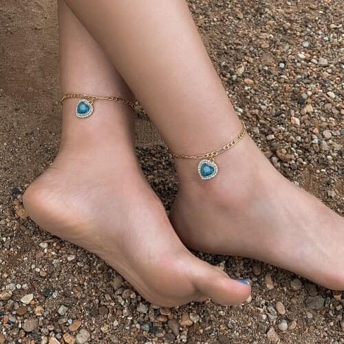 Wind Rhinestone Peach Heart Metal Chain Anklet Trendy Retro Single-layer Geometric Footwear European and American Style Jewelry