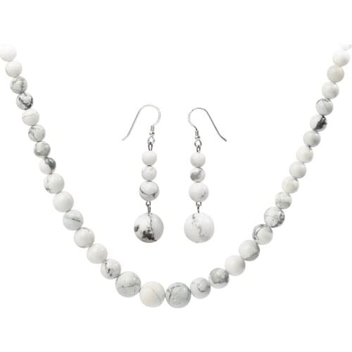YACQ 925 Sterling Silver Natural Howlite 6 8 10mm Choker Necklace Dangle Earrings Set Handmade White Jewelry Gifts For Women Mom