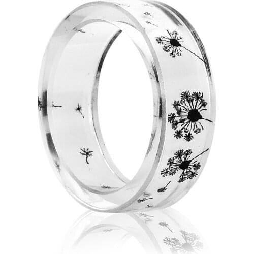New Fashion Simple Dandelion Resin Aestheticism Black and White Small Fresh Hand Dry Flower Drop Glue Ring