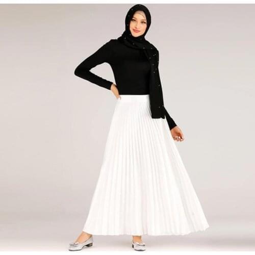 New pleated muslim skirt female cross-border vintage stitching-colored striped pleated skirt full big swing muslim skirt F1707