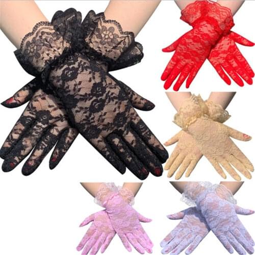 New 1 Pair Grace Autumn Summer Women Short Tulle Gloves Stretchy Lace Spots Lotus Leaf Sheers Flexible Accessories Full Finger