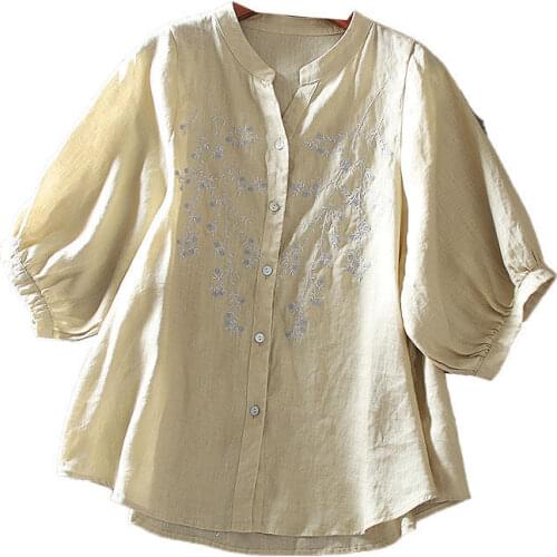 Summer Sleeves Cotton Linen Large Size New Style 2021 Loose And Thin Casual Embroidery Linen Shirt Womens Top