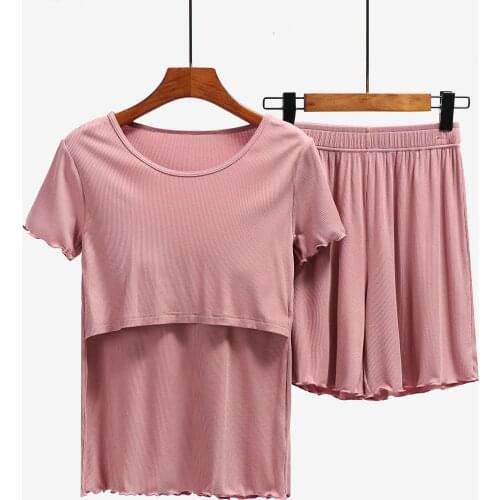 Wholesale pregnant women postpartum breastfeeding short-sleeved shorts suit round neck nursing clothes confinement thin summer