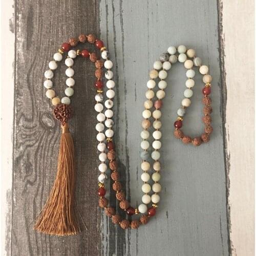 Unique Stone Kontted Necklace Bodhi Seed Howlite Amazonite Red A-gate Beaded Jewelry 108 Mala Prayer Bead Tassel Necklace Collar