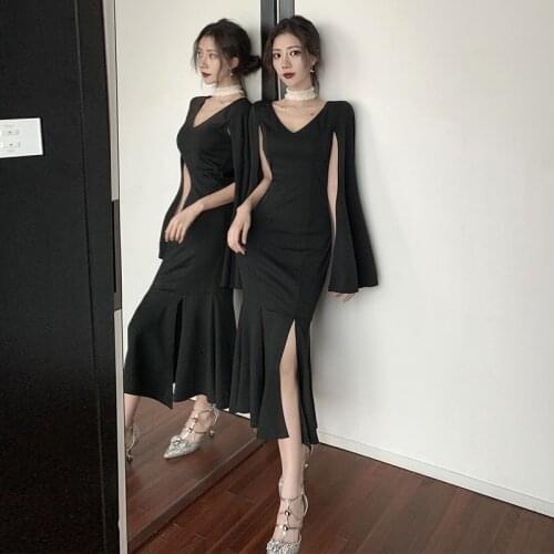 Party Dress Elegant Fashion V-neck Low-cut Sexy Club Bodycon Dresses Woman Black Autumn Summer Style Korean Female Clothes New