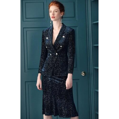 HIgh quality double breasted blazer + shiny velvet Fish tail style skirts two pieces female long sleeve outwear wq1425 dropship
