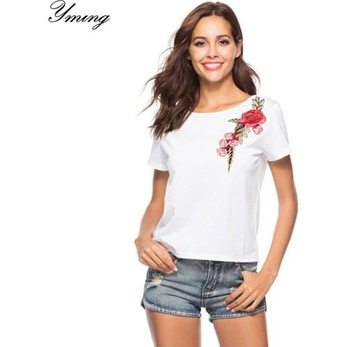 YMING Summer Solid Color Womens Short Sleeve Fashion Top O-Neck Embroidery Printing Ladies Top Back Cross Causal T-Shirt