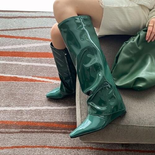 Pointed Toe Wedge Heels Knee High Boots Women Shiny Leather Flanging Knight Boots Autumn Winter T-Show Long Booties For Ladies