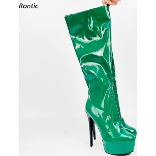 Rontic Handmade Women Knee Boots Patent Leather Sexy Stiletto Heels Round Toe Pretty Green Black Blue Cosplay Shoes US Size 5-20