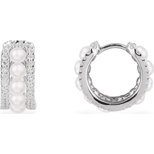 SLJELY Fashion Real 925 Sterling Silver Small Double Hoop Earrings with Pearls Cubic Zirconia Stones Women Fine Romance Jewelry