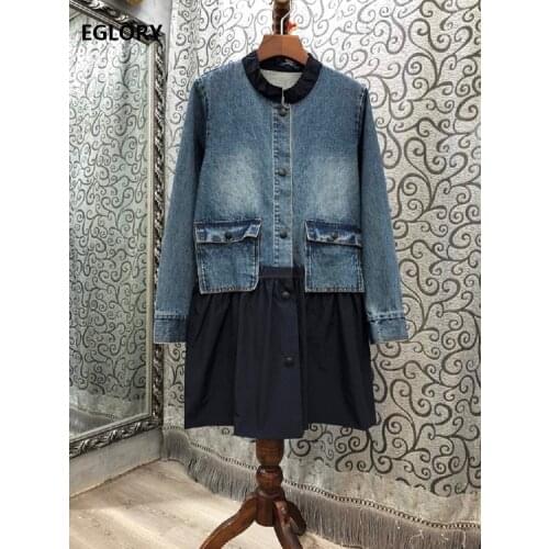2020 Autumn Winter Fashion Denim Dress High Quality Women Pocket Pleated Patchwork Long Sleeve Casual Blue Black Jeans Dress