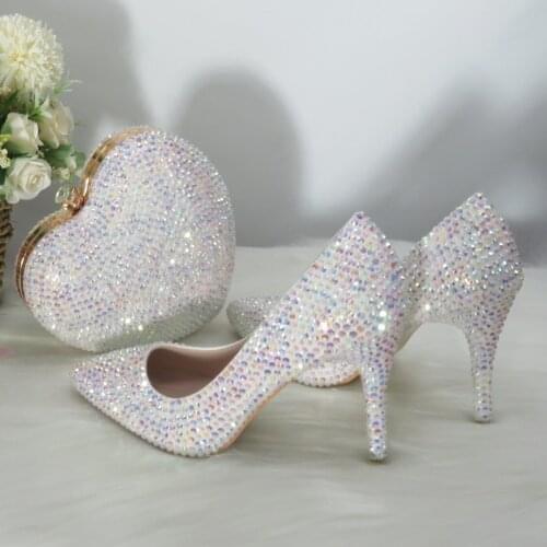 New Arrival 2021 White AB Bling Crystal Pointed Toe Wedding Shoes bags Woman High Pumps Thin Heel Party Dress Shoes Slingbacks