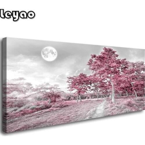 5D Diamond Painting Pink Tree Moon Landscape Cross Stitch Diamond Embroidery Full Square Mosaic Landscape Cross Stitch Wall Art
