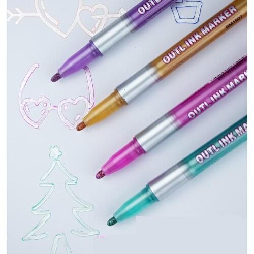 8Colors/Set Metallic Double Lines Art Markers Acrylic Out Line Pen Stationery Art Drawing Pens Scrapbooking By Kevin&sasa Crafts