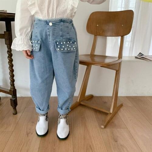 Kid Denim Pants New Spring Summer Clothes Toddler Girl Casual Beaded Jeans Children Elastic Trousers Baby Jean Infant Clothing