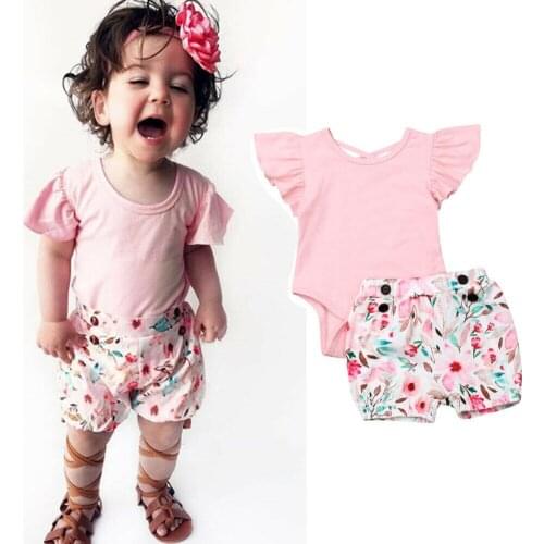 0-24M Kids Baby Girl Floral Clothes Sets Pink Ruffles Short Sleeve Romper Short Pants Outfits Set
