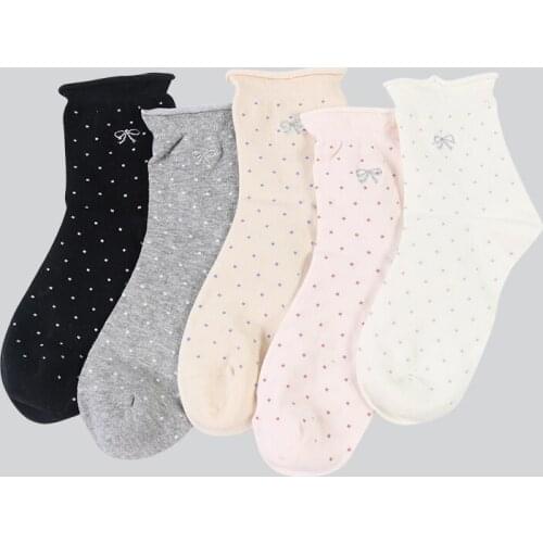 DONG AI 5 Pairs New Soft Combed Cotton Socks Cute Bow Dot Pattern Women Breathable Sweat Absorbent Casual High Quality Sock Girl
