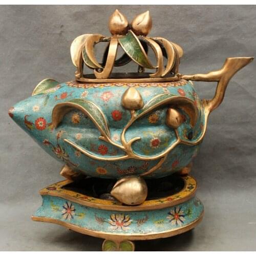 Fast shipping USPS to USA S1757 19" Chinese Royal Cloisonne Bronze Gilt Shou Peach Statue Box Incense Burner