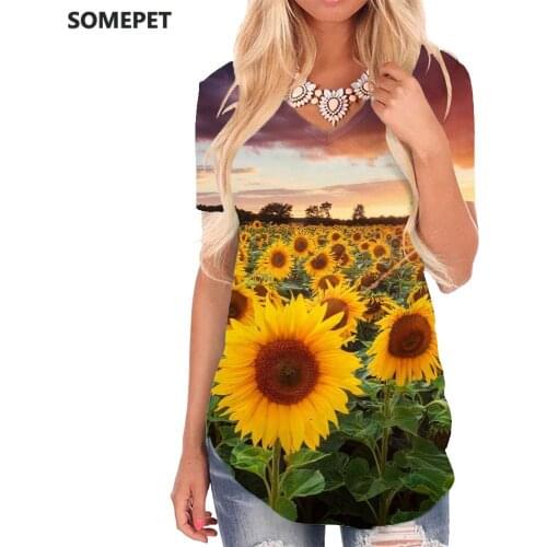 SOMEPET Sunflower T-shirt women Cloud Shirt Print Sun Funny T shirts Romantic V-neck Tshirt Womens Clothing Fashion Casual Tops