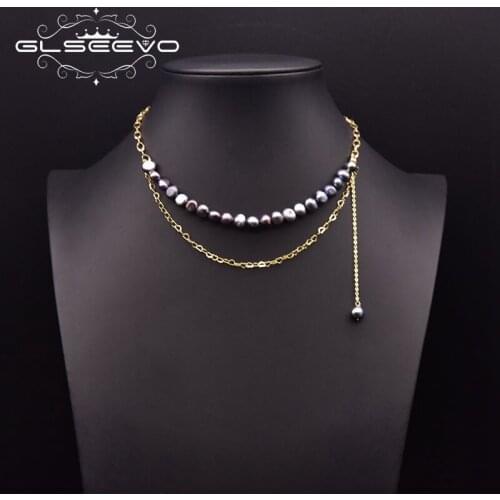GLSEEVO Pure Natural Freshwater Baroque Pearl Necklace Handmade Black Pearl Female Necklace Wedding Party Jewelry Gift GN0292A