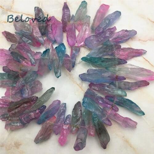 Top Drilled Rainbow Titanium Crystal Quartz Stick Loose Beads, Raw Quartz Spike Jewelry Making Findings, BG18242