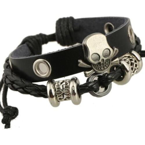 Fashion Punk Vintage SKULL Black Leather Bracelet Handmade Braided Woven Rope Beads Bangle Wrap Wristbands Unisex Gothic Jewelry