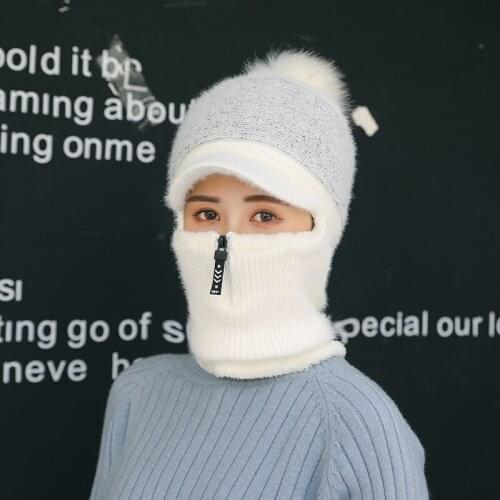 2021New Autumn Winter Beanies Caps Women Warm Wool Siamese Scarf Hats Female Rabbit Hair Ski Hat Windproof Velvet Knitted Cap