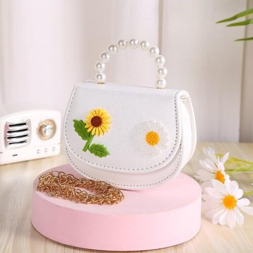New Little Girls Tote Purse Floral Handbag Lightweight PU Leather Clutch with Pearl Handle Children Handbag