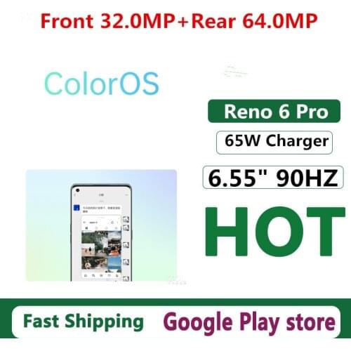 New Oppo Reno 6 Pro 5G Cell Phone Dual Sim Fingerprint 6.55" 90HZ Dimensity 1200 Face ID 64.0MP Android 11.0 NFC 65W Charger