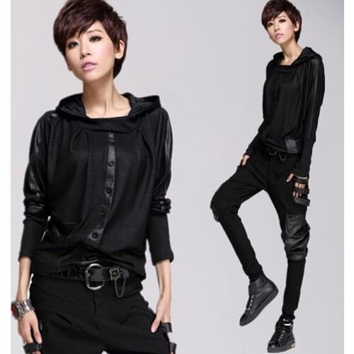 Autumn with a hood Women T-shirts Europen Casual Plus Size Black Leather-Spliced Brand Tops/New Sexy T shirts for Women