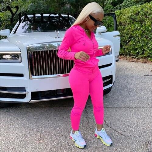 Yiallen Autumn Two Piece Set Women Long Sleeve Hooded Zipper Pocket Sporty Jackets+Leggings Matching Sets Workout Stretchy 2021