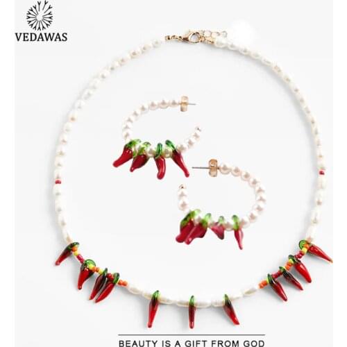 Vedawas ZA Red Chili Pepper Necklaces for Women Boho Simulated Pearls Beaded Nature Stone Stone Collar Choker Necklaces Gifts
