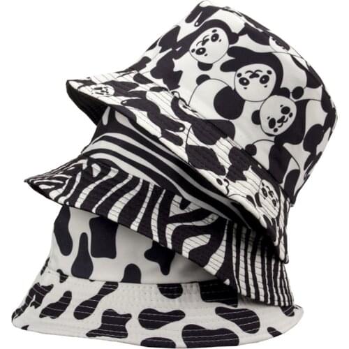 Cartoon Panda Funny Black White Bucket Hat For Men Women Panama Fisherman Caps Summer Cow Print Fishing Bucket Sun Hat