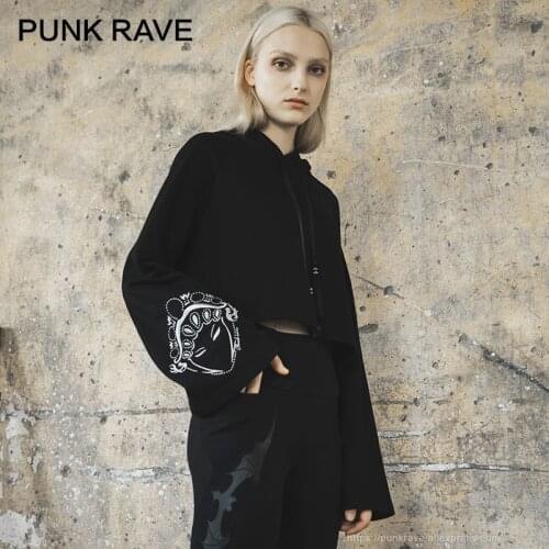 PUNK RAVE Girls Gothic Chinese Style Loose Hooded Female Autumn Black Thin Trumpet Sleeves Women Short Tops Streetwear