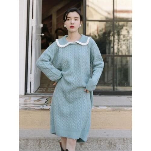 SWEETXUE French Vintage Pan Peter Collar Dress Temperament Knitted Loose Casual Sweater Dress Female Spring And Autumn Women