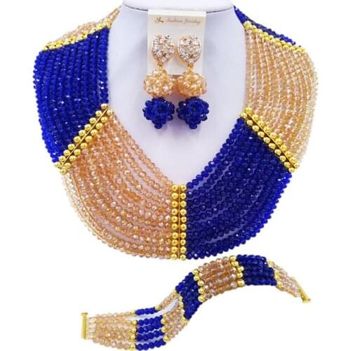 ACZUV Royal Blue Gold Nigerian Traditional Wedding African Beads Jewelry Set 10C-CH004